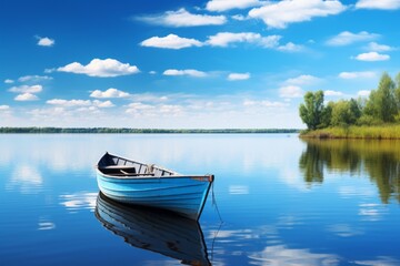 Calm river under a clear blue sky background with a rowboat