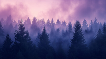 A twilight scene in a misty pine forest, the last rays of the sun casting a purple hue over the fog, silhouettes of trees visible.