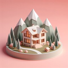 Cute little house in a coniferous forest in mountains miniature isolated on a pastel pink background. Amazing landscape trendy composition. Beautiful 3D model. Wallpaper, for design and banners.