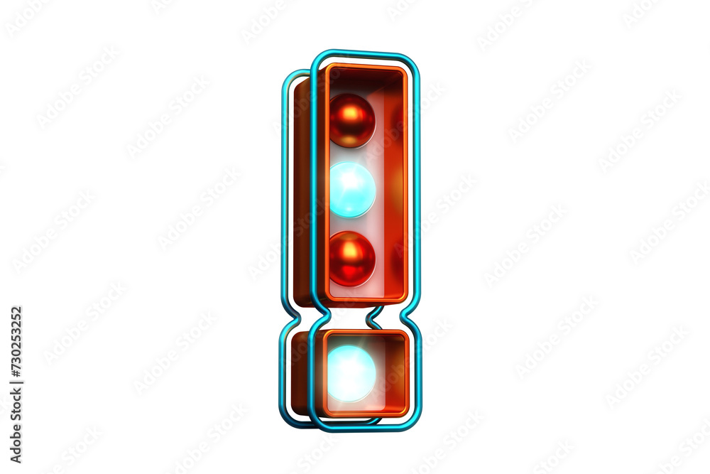 Poster lightbox with bulbs in the shape of exclamation point in metallic orange and bright blue. high quali