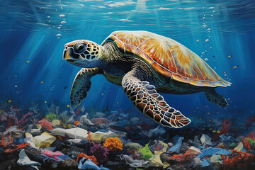 Obraz premium Schildkröte im plastikverschmutzten Ozean 