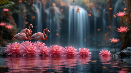 a couple of pink flamingos standing on top of a body of water next to pink water lilies with a waterfall in the background.