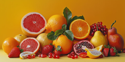various fruits on a yellow background