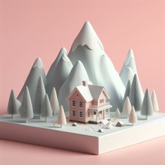 Cute little house in a winter snowy forest in mountains miniature isolated on a pastel pink background. Amazing landscape trendy composition. Beautiful 3D model. Wallpaper, for design and banners.