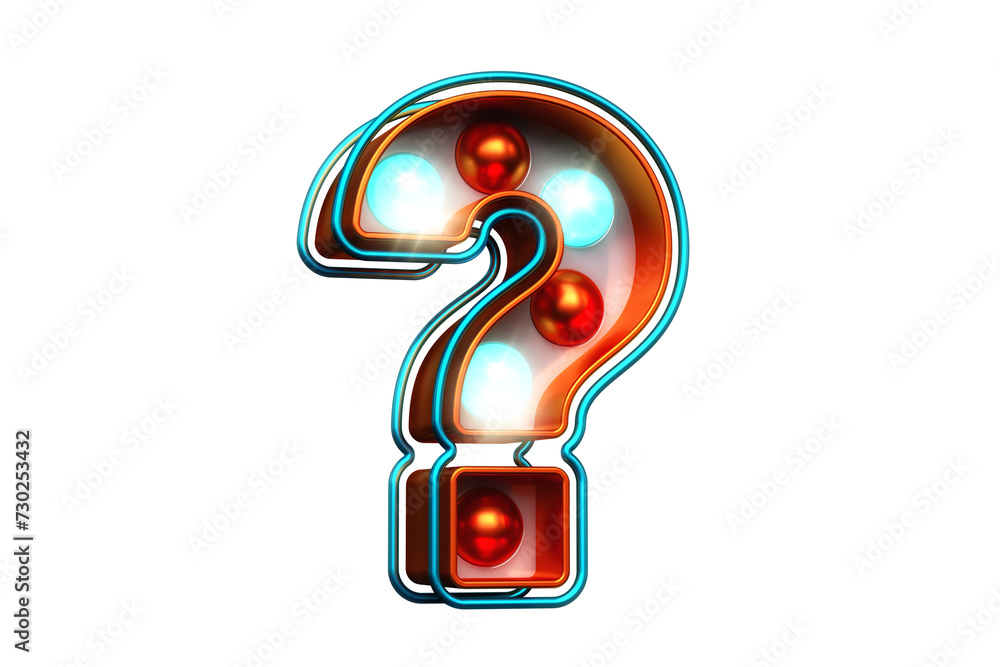 Poster light bulb marquee in the shape of question mark in copper and bright blue. high quality 3d renderin