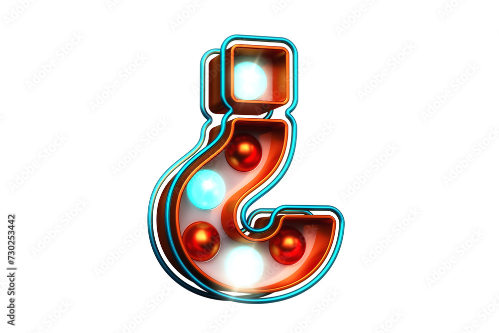 Poster light bulb marquee in the shape of interrogation sign in metallic orange and bright cyan. high quali