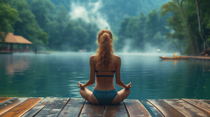 A girl with long hair and beautiful body does yoga outdoors in the mountains with a lake in the background