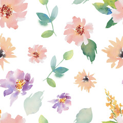 Watercolor flowers on an isolated background. Seamless pattern. Collage. Handmade work. Colorful illustration. Peach fuzz wedding. Anemones, peonies, roses, hollyhocks, gerbera, cynia.