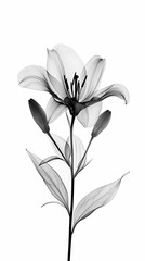 Black lily in x-ray style on white background. Minimalistic monochrome botanical design. Black and white illustration.