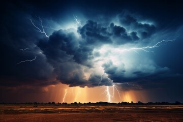 Dramatic stormy sky background with dark clouds and lightning - obrazy, fototapety, plakaty
