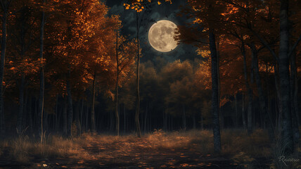 A nighttime scene of an autumn forest under the full moon, a subtle glow on the amber foliage, a peaceful stillness in the air.