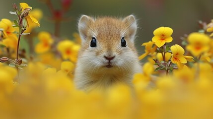 a close up of a small rodent in a field of flowers with a blurry background of yellow flowers.