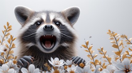 a close up of a raccoon in a field of flowers with its mouth open and mouth wide open.