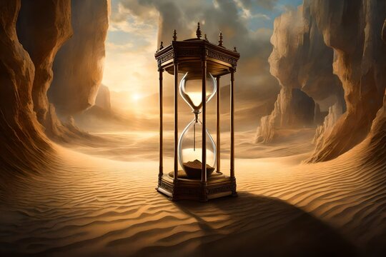 A captivating and mystical depiction of 'Lost in Time,' where An ancient hourglass is seen in a perfectly lit environment, its sands defying gravity, suspended in an eternal moment, encapsulating 