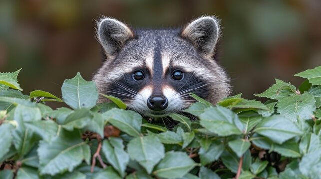 a raccoon peeks out of a bush with green leaves on the top of it's head.