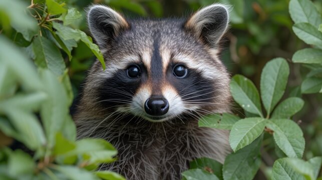 a close up of a raccoon in a tree looking at the camera with a surprised look on its face.