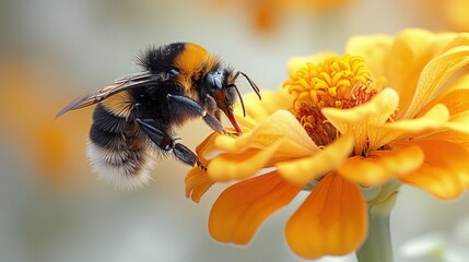 a close up of a bee on a flower with a blurry background of yellow flowers and a blue sky in the background.