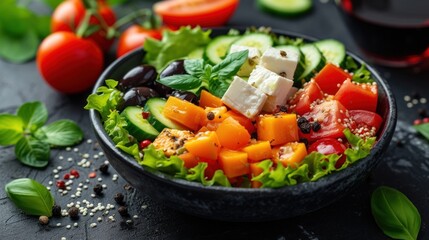 a salad with tomatoes, cucumbers, olives, lettuce and feta cheese in a black bowl.