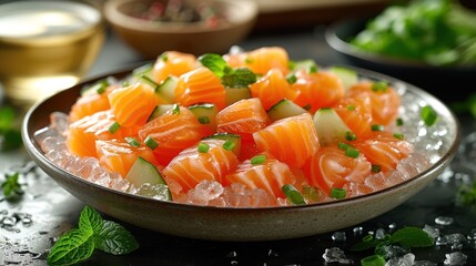 a close up of a bowl of food with cucumbers and carrots on a table with other dishes in the background.