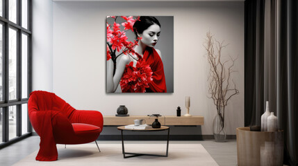 Space of living room with art woman in red kimono