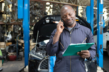 male worker talking on smartphone with customer in garage