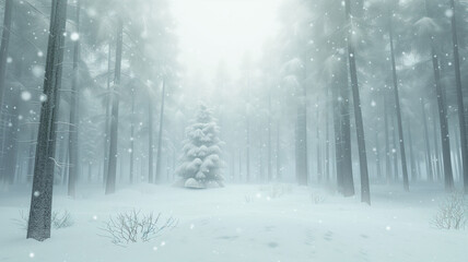 A snowy winter day in a pine forest shrouded in fog, snowflakes gently falling, the forest floor blanketed in white.