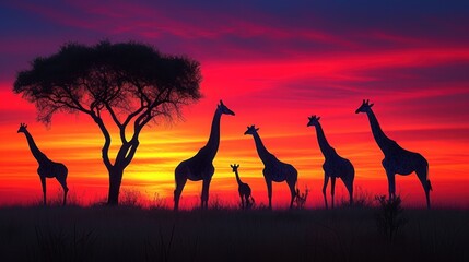 a group of giraffes standing in front of a tree with the sun setting in the sky behind them.
