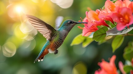 a hummingbird feeding from a flower with a blurry background and boke of flowers in the foreground.