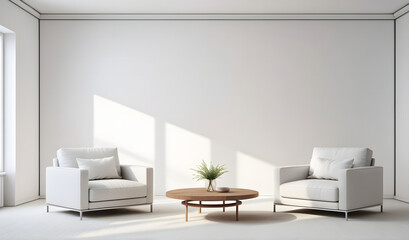 Minimalistic modern interior design with two sofa chairs and clear white wall with a vase table
