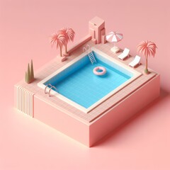 Small swimming pool miniature isolated on a pastel pink background. Family weekend or vacation trendy composition. Beautiful 3D model. Wide screen wallpaper, for design and banners.