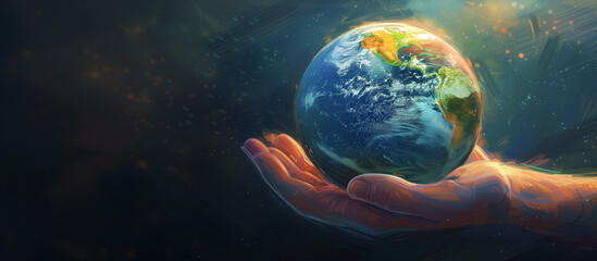 Woman's hand gently cradling the Earth, highlighting sustainable living and ecology.