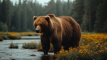 a large brown bear standing on top of a river next to a forest filled with lots of yellow wildflowers.