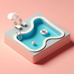 Small swimming pool miniature isolated on a pastel pink background. Family weekend or vacation trendy composition. Beautiful 3D model. Wide screen wallpaper, for design and banners.