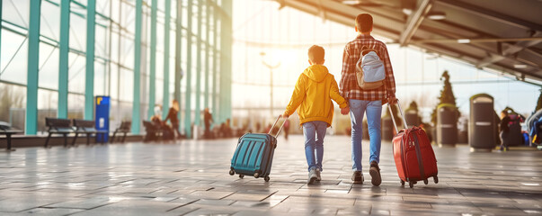 Man and boy walking in airport with their baggage. Tourism concept.