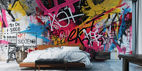 Bed Sitting in Graffiti-Covered Bedroom