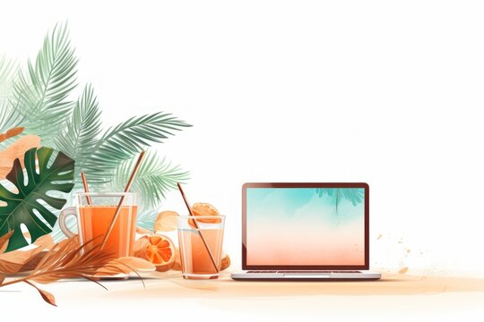 Tropical workspace mockup with a laptop, palm leaves, and a tropical drink