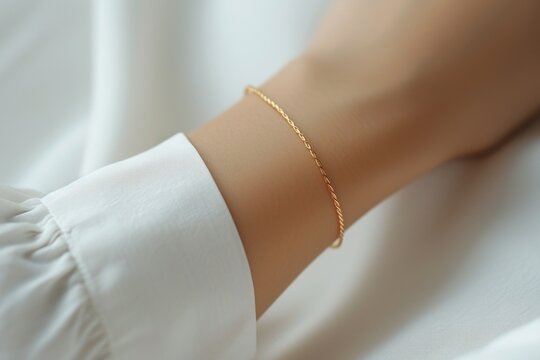 Thin gold bracelet on a woman's hand in a white blouse. Quiet luxury concept.