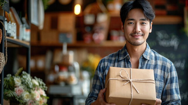 Cheerful man in a plaid shirt presenting a wrapped package in a rustic shop.
