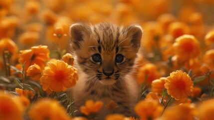 a small kitten sitting in the middle of a field of orange flowers with a blue eyed look on its face.