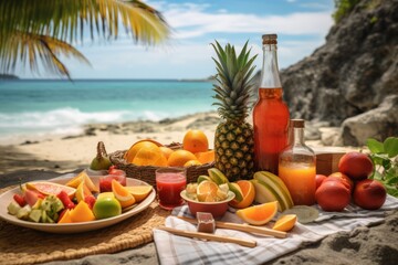 A beach picnic scene with a bottle of rum, fresh fruit, and mixers, setting the stage for a delightful homemade rum punch - obrazy, fototapety, plakaty