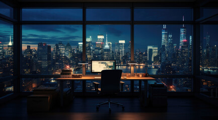 Empty office contemporary interior office with city skyline and buildings city from glass window - obrazy, fototapety, plakaty