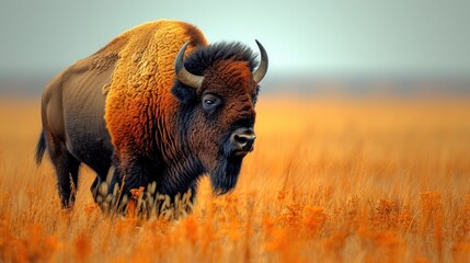 a bison standing in the middle of a field of tall grass with orange flowers in the foreground and a blue sky in the background.
