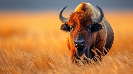 a close up of a bison in a field of tall grass with it's head turned to the side.