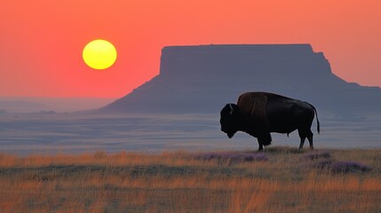 a bison is standing in a field with the sun setting in the background and a mountain range in the distance.