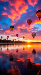 Naklejka premium A romantic balloon ride gracefully floating over a body of water, against the backdrop of the sun sinking below the horizon with a beautiful shimmering sky. Serene background