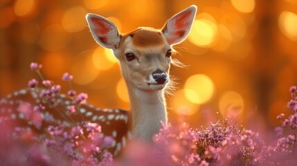 a deer standing in the middle of a field of flowers with a blurry background of boke of light.