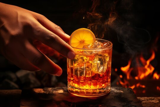 A close up of a hand adding a touch of ginger to a glass of rum punch, infusing a warm and spicy undertone