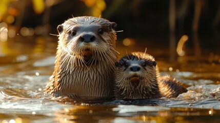 two wet otters in a body of water with one of them looking at the camera and the other looking at the camera.