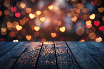 Empty wooden table top with Valentines Day blurred background bokeh as hearts. Festive abstract pattern.