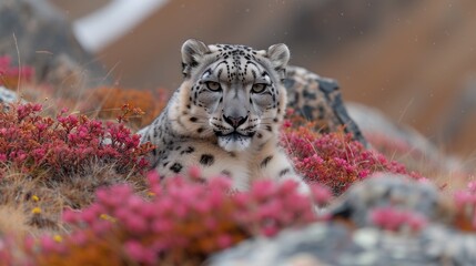 a close up of a snow leopard laying on a hill with flowers in the foreground and rocks in the background.